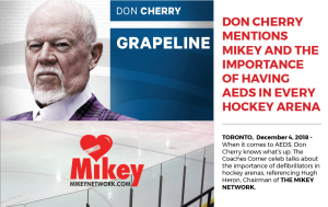Read more about the article DON CHERRY MENTIONS MIKEY AND THE IMPORTANCE OF HAVING AEDS IN EVERY HOCKEY ARENA